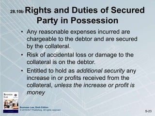 Business Law, Sixth Edition
© 2019 BVT Publishing. All rights reserved.
S-23
28.10b Rights and Duties of Secured
Party in Possession
• Any reasonable expenses incurred are
chargeable to the debtor and are secured
by the collateral.
• Risk of accidental loss or damage to the
collateral is on the debtor.
• Entitled to hold as additional security any
increase in or profits received from the
collateral, unless the increase or profit is
money
 