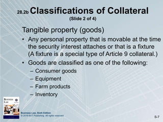 Business Law, Sixth Edition
© 2019 BVT Publishing. All rights reserved.
S-7
28.2b Classifications of Collateral
(Slide 2 of 4)
Tangible property (goods)
• Any personal property that is movable at the time
the security interest attaches or that is a fixture
(A fixture is a special type of Article 9 collateral.)
• Goods are classified as one of the following:
– Consumer goods
– Equipment
– Farm products
– Inventory
 