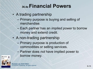 Business Law, Sixth Edition
© 2019 BVT Publishing. All rights reserved.
S-15
36.4e Financial Powers
• A trading partnership
– Primary purpose is buying and selling of
merchandise.
– Each partner has an implied power to borrow
money and extend credit.
• A non-trading partnership
– Primary purpose is production of
commodities or selling services.
– Partner does not have implied power to
borrow money.
 