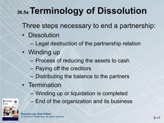 Business Law, Sixth Edition
© 2019 BVT Publishing. All rights reserved.
S-17
36.5a Terminology of Dissolution
Three steps necessary to end a partnership:
• Dissolution
– Legal destruction of the partnership relation
• Winding up
– Process of reducing the assets to cash
– Paying off the creditors
– Distributing the balance to the partners
• Termination
– Winding up or liquidation is completed
– End of the organization and its business
 