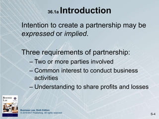Business Law, Sixth Edition
© 2019 BVT Publishing. All rights reserved.
S-4
36.1a Introduction
Intention to create a partnership may be
expressed or implied.
Three requirements of partnership:
– Two or more parties involved
– Common interest to conduct business
activities
– Understanding to share profits and losses
 