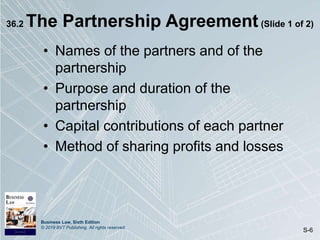 Business Law, Sixth Edition
© 2019 BVT Publishing. All rights reserved.
S-6
36.2 The Partnership Agreement(Slide 1 of 2)
• Names of the partners and of the
partnership
• Purpose and duration of the
partnership
• Capital contributions of each partner
• Method of sharing profits and losses
 