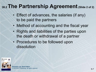 Business Law, Sixth Edition
© 2019 BVT Publishing. All rights reserved.
S-7
36.2 The Partnership Agreement(Slide 2 of 2)
• Effect of advances, the salaries (if any)
to be paid the partners
• Method of accounting and the fiscal year
• Rights and liabilities of the parties upon
the death or withdrawal of a partner
• Procedures to be followed upon
dissolution
 