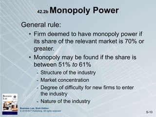 Business Law, Sixth Edition
© 2019 BVT Publishing. All rights reserved.
S-10
42.2b Monopoly Power
General rule:
• Firm deemed to have monopoly power if
its share of the relevant market is 70% or
greater.
• Monopoly may be found if the share is
between 51% to 61%
- Structure of the industry
- Market concentration
- Degree of difficulty for new firms to enter
the industry
- Nature of the industry
 