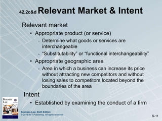 Business Law, Sixth Edition
© 2019 BVT Publishing. All rights reserved.
S-11
42.2c&d Relevant Market & Intent
Relevant market
• Appropriate product (or service)
- Determine what goods or services are
interchangeable
- “Substitutability” or “functional interchangeability”
• Appropriate geographic area
- Area in which a business can increase its price
without attracting new competitors and without
losing sales to competitors located beyond the
boundaries of the area
Intent
• Established by examining the conduct of a firm
 