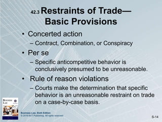 Business Law, Sixth Edition
© 2019 BVT Publishing. All rights reserved.
S-14
42.3 Restraints of Trade—
Basic Provisions
• Concerted action
– Contract, Combination, or Conspiracy
• Per se
– Specific anticompetitive behavior is
conclusively presumed to be unreasonable.
• Rule of reason violations
– Courts make the determination that specific
behavior is an unreasonable restraint on trade
on a case-by-case basis.
 