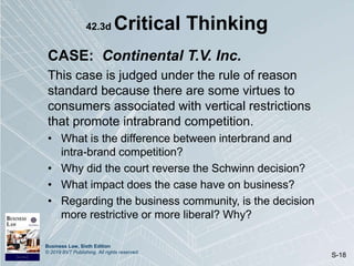Business Law, Sixth Edition
© 2019 BVT Publishing. All rights reserved.
S-18
42.3d Critical Thinking
CASE: Continental T.V. Inc.
This case is judged under the rule of reason
standard because there are some virtues to
consumers associated with vertical restrictions
that promote intrabrand competition.
• What is the difference between interbrand and
intra-brand competition?
• Why did the court reverse the Schwinn decision?
• What impact does the case have on business?
• Regarding the business community, is the decision
more restrictive or more liberal? Why?
 