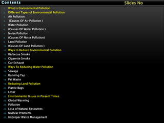 1.

What is Environmental Pollution

2.

Different Types of Environmental Pollution

3.

Air Pollution

4.

(Causes OF Air Pollution )

5.

Water Pollution

6.

(Causes OF Water Pollution )

7.

Noise Pollution

8.

(Causes OF Noise Pollution)

9.

Land Pollution

10.

(Causes OF Land Pollution )

11.

Ways to Reduce Environmental Pollution

12.

Barbecue Smoke

13.

Cigarette Smoke

14.

Car Exhaust

15.

Ways To Reducing Water Pollution

16.

Sewage

17.

Running Tap

18.

Pet Waste

19.

Reducing Land Pollution

20.

Plastic Bags

21.

Litter

22.

Environmental Issues in Present Times

23.

Global Warming

24.

Pollution

25.

Loss of Natural Resources

26.

Nuclear Problems

27.

Improper Waste Management [

19

 