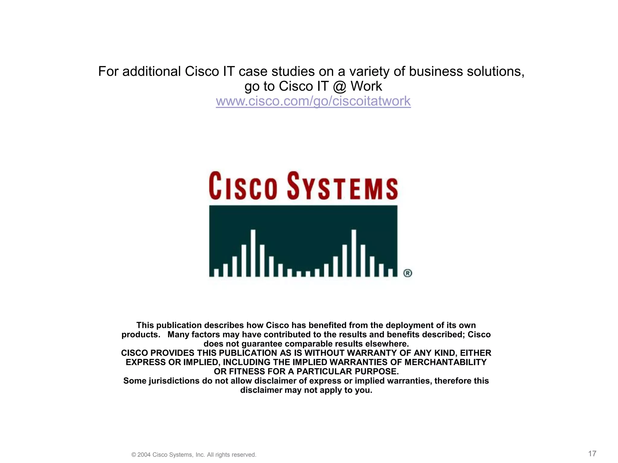 Security could automatically track and respond to people “tailgating” into buildings; that is, people entering the building directly behind employees who have correctly used their badges to unlock the doorWith this capability, surveillance video becomes a tool for prevention and early detection rather than simply reaction to incidentsNext Steps—Surveillance Video ViolationsThe STS group is actively pursuing video analysis engines that monitor the surveillance video for violations of Cisco® business rulesFor instance, an individual walking the wrong way in a one-way area, standing in front of a lobby desk for more than a certain number of seconds, or leaving an unattended package