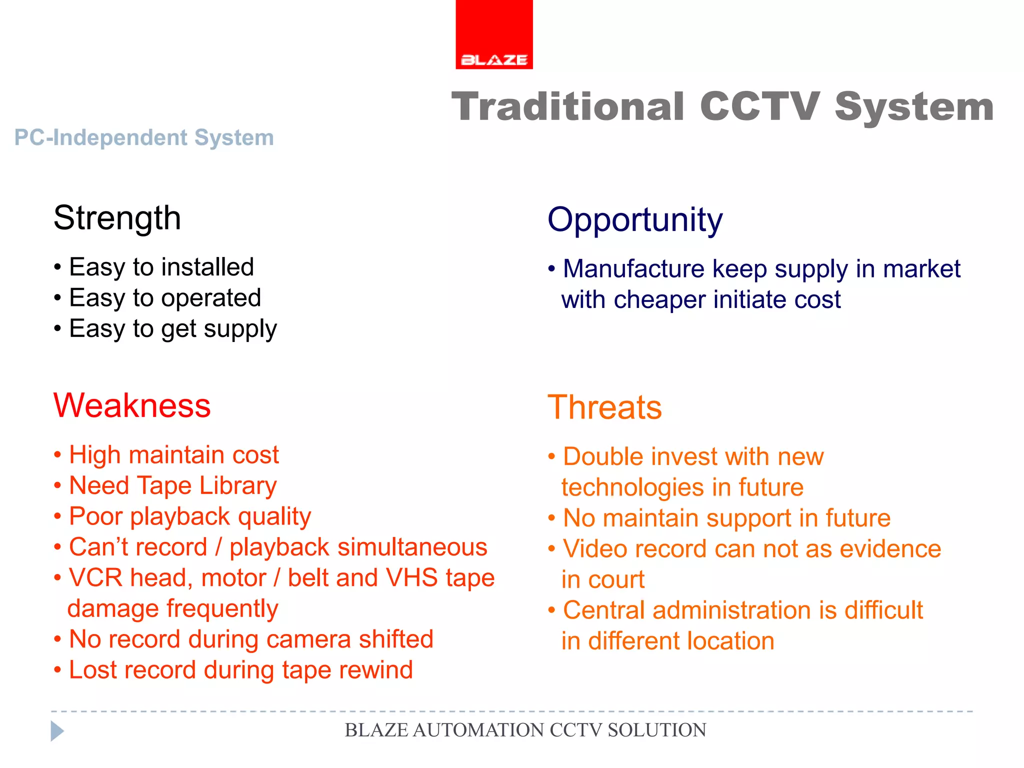 Traditional CCTV System
PC-Independent System


   Strength                                 Opportunity
   • Easy to installed                      • Manufacture keep supply in market
   • Easy to operated                         with cheaper initiate cost
   • Easy to get supply


   Weakness                                 Threats
   • High maintain cost                     • Double invest with new
   • Need Tape Library                        technologies in future
   • Poor playback quality                  • No maintain support in future
   • Can’t record / playback simultaneous   • Video record can not as evidence
   • VCR head, motor / belt and VHS tape      in court
     damage frequently                      • Central administration is difficult
   • No record during camera shifted          in different location
   • Lost record during tape rewind

                            BLAZE AUTOMATION CCTV SOLUTION
 