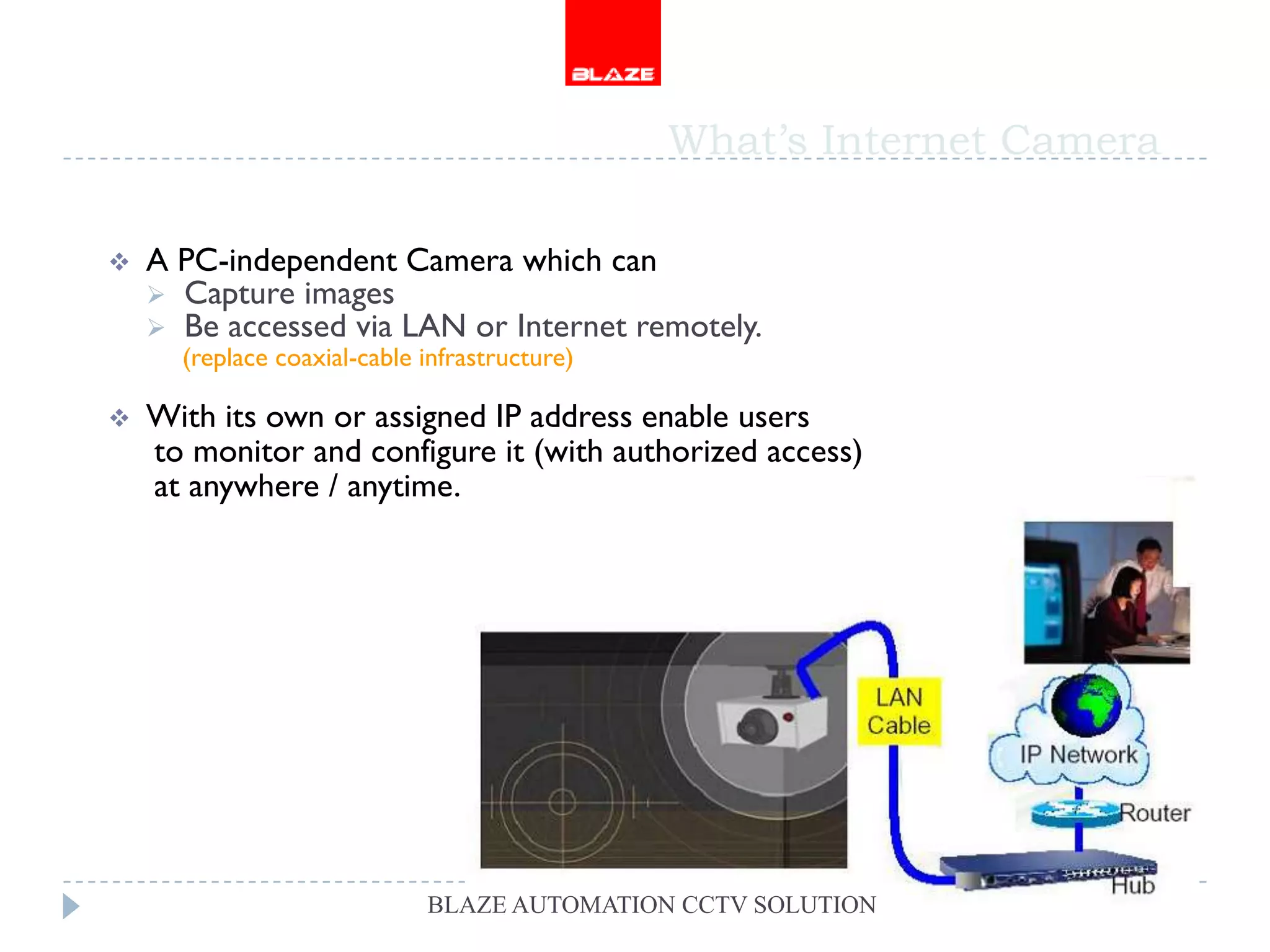 What’s Internet Camera

   A PC-independent Camera which can
     Capture images
     Be accessed via LAN or Internet remotely.
      (replace coaxial-cable infrastructure)

   With its own or assigned IP address enable users
    to monitor and configure it (with authorized access)
    at anywhere / anytime.




                             BLAZE AUTOMATION CCTV SOLUTION
 