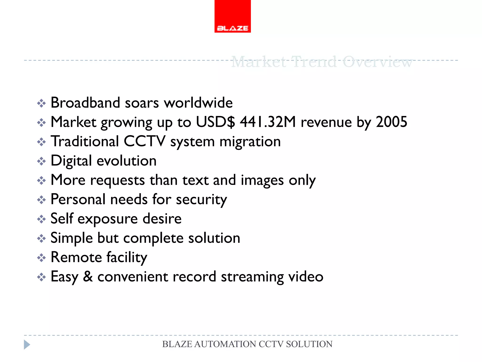 Market Trend Overview

 Broadband   soars worldwide
 Market growing up to USD$ 441.32M revenue by 2005
 Traditional CCTV system migration
 Digital evolution
 More requests than text and images only
 Personal needs for security
 Self exposure desire
 Simple but complete solution
 Remote facility
 Easy & convenient record streaming video




                 BLAZE AUTOMATION CCTV SOLUTION
 