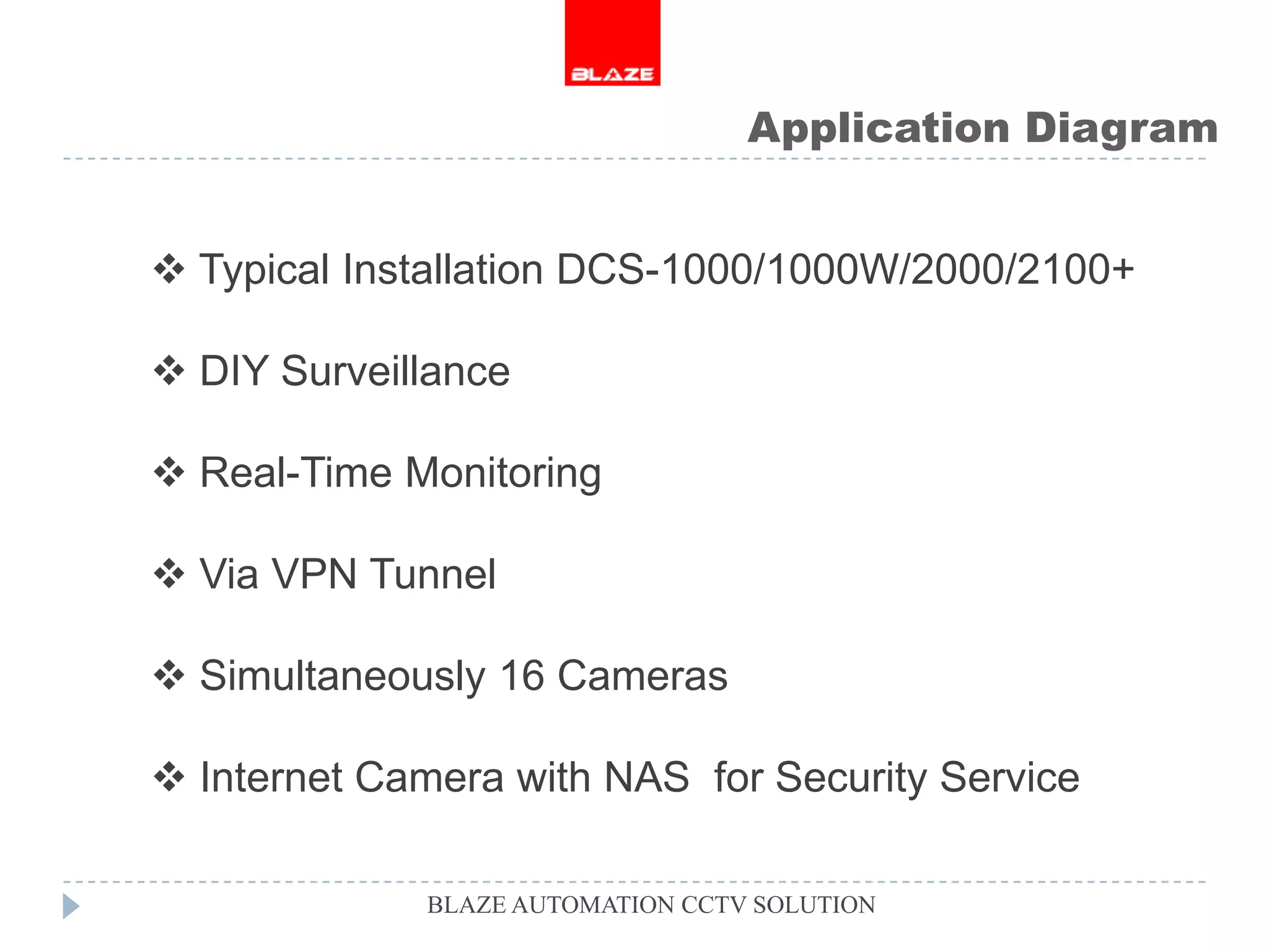 Application Diagram


 Typical Installation DCS-1000/1000W/2000/2100+

 DIY Surveillance

 Real-Time Monitoring

 Via VPN Tunnel

 Simultaneously 16 Cameras

 Internet Camera with NAS for Security Service

             BLAZE AUTOMATION CCTV SOLUTION
 