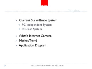 Topics

   Current Surveillance System
       PC-Independent System
       PC-Base System

   What’s Internet Camera
   Market Trend
   Application Diagram




              BLAZE AUTOMATION CCTV SOLUTION
 