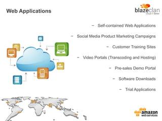 Web Applications
− Self-contained Web Applications
− Social Media Product Marketing Campaigns
− Customer Training Sites
− Video Portals (Transcoding and Hosting)
− Pre-sales Demo Portal
− Software Downloads
− Trial Applications
 