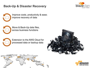 Back-Up & Disaster Recovery
Extension to the AWS Cloud for
processed data or backup data
Improve costs, productivity & ease;
improve recovery of data
Move & Back-Up data files,
across business functions
 