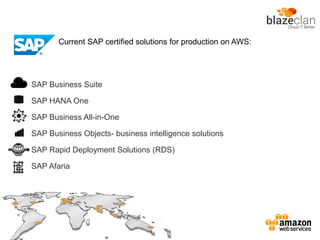 SAP Business Suite
SAP HANA One
SAP Business All-in-One
SAP Business Objects- business intelligence solutions
SAP Rapid Deployment Solutions (RDS)
SAP Afaria
Current SAP certified solutions for production on AWS:
 