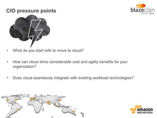 CIO pressure points
• What do you start with to move to cloud?
• How can cloud drive considerable cost and agility benefits for your
organization?
• Does cloud seamlessly integrate with existing workload technologies?
 