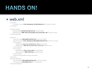 HANDS ON!web.xml<listener>	<listener-class>flex.messaging.HttpFlexSession</listener-class></listener><context-param>	<param-name>contextConfigLocation</param-name>	<param-value>/WEB-INF/config/applicationContext.xml</param-value></context-param><servlet><servlet-name>MessageBrokerServlet</servlet-name><servlet-class>flex.messaging.MessageBrokerServlet</servlet-class><init-param><param-name>services.configuration.file</param-name><param-value>/WEB-INF/flex/services-config.xml</param-value></init-param><init-param><param-name>flex.write.path</param-name><param-value>/WEB-INF/flex</param-value></init-param><load-on-startup>1</load-on-startup></servlet><servlet-mapping><servlet-name>MessageBrokerServlet</servlet-name><url-pattern>/messagebroker/*</url-pattern></servlet-mapping>14