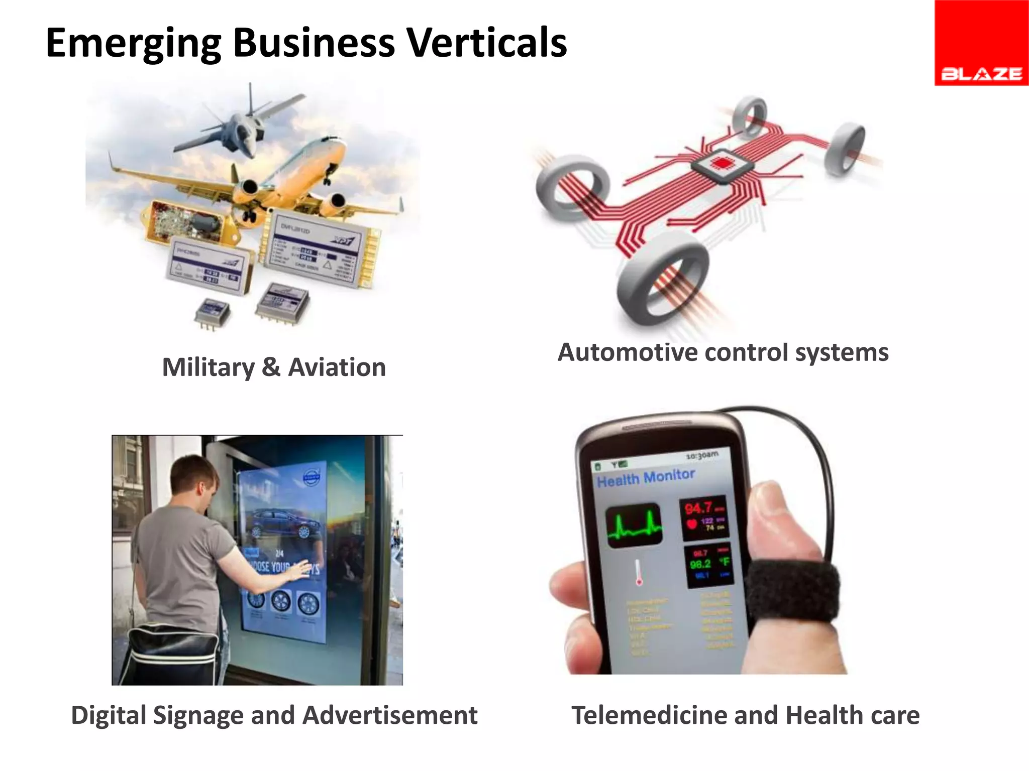 Emerging Business Verticals

Military & Aviation

Digital Signage and Advertisement

Automotive control systems

Telemedicine and Health care

 
