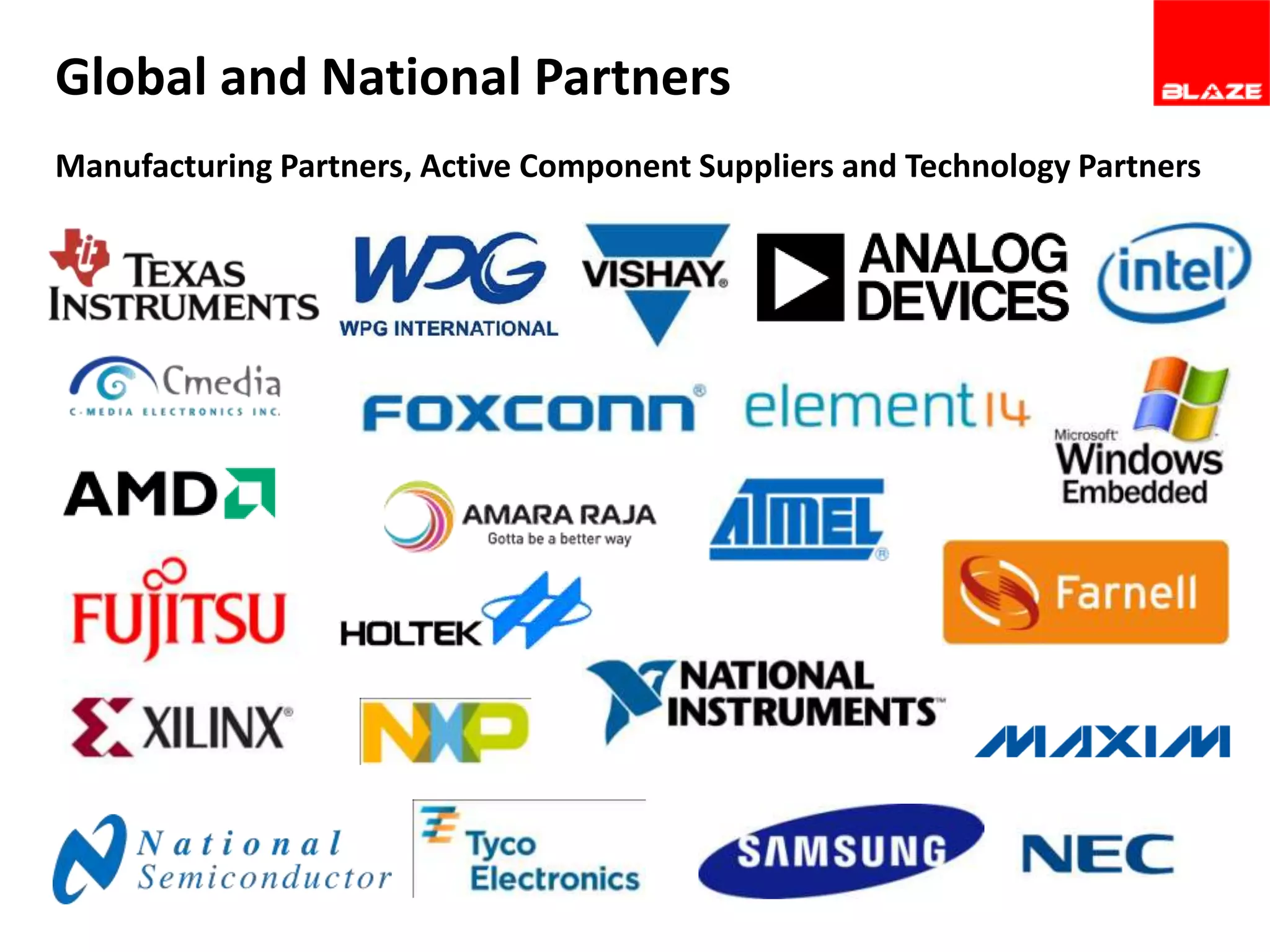 Global and National Partners
Manufacturing Partners, Active Component Suppliers and Technology Partners

 