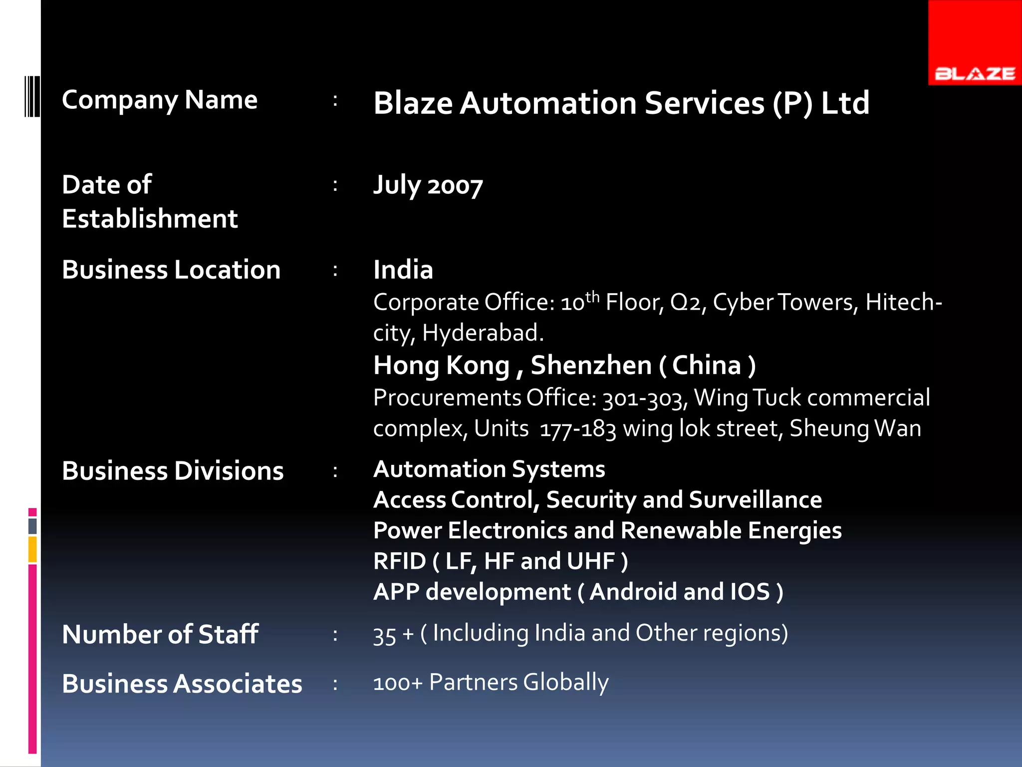Company Name

:

Blaze Automation Services (P) Ltd

Date of
Establishment

:

July 2007

Business Location

:

India
Corporate Office: 10th Floor, Q2, Cyber Towers, Hitechcity, Hyderabad.

Hong Kong , Shenzhen ( China )
Procurements Office: 301-303, Wing Tuck commercial
complex, Units 177-183 wing lok street, Sheung Wan

Business Divisions

:

Automation Systems
Access Control, Security and Surveillance
Power Electronics and Renewable Energies
RFID ( LF, HF and UHF )
APP development ( Android and IOS )

Number of Staff

:

35 + ( Including India and Other regions)

Business Associates

:

100+ Partners Globally

 