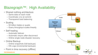 http://blazegraph.com/
Blazegraph™: High Availability
•  Shared nothing architecture
–  Same data on each node
–  Coordinate only at commit
–  Transparent load balancing
•  Scaling
–  50 billion triples or quads
–  Query throughput scales linearly
•  Self healing
–  Automatic failover
–  Automatic resync after disconnect
–  Online single node disaster recovery
•  Online Backup
–  Online snapshots (full backups)
–  HA Logs (incremental backups)
•  Point in time recovery (offline)
10
HAService	
Quorum	
k=3	
size=3	
follower	
leader	
HAService	
HAService	
 