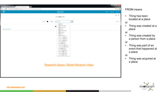 http://blazegraph.com/
FROM means
•  Thing has been
located at a place
or
•  Thing was created at a
place
or
•  Thing was created by
a person from a place
or
•  Thing was part of an
event that happened at
a place
or
•  Thing was acquired at
a place
Research Space / British Museum Video
 