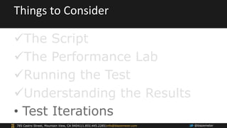Things 
to 
Consider 
ü The Script 
ü The Performance Lab 
ü Running the Test 
ü Understanding the Results 
• Test Ite...