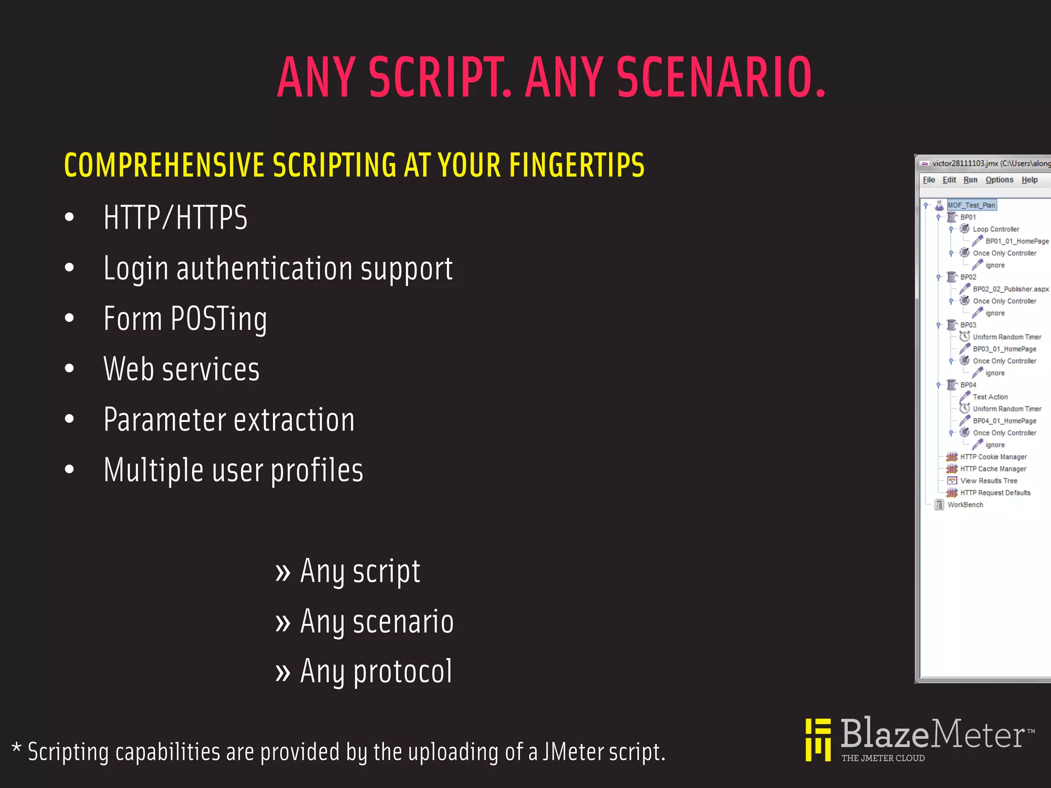 ANY SCRIPT. ANY SCENARIO.
     COMPREHENSIVE SCRIPTING AT YOUR FINGERTIPS
     • HTTP/HTTPS
     • Login authentication support
     • Form POSTing
     • Web services
     • Parameter extraction
     • Multiple user profiles

                             » Any script
                             » Any scenario
                             » Any protocol

* Scripting capabilities are provided by the uploading of a JMeter script.
 
