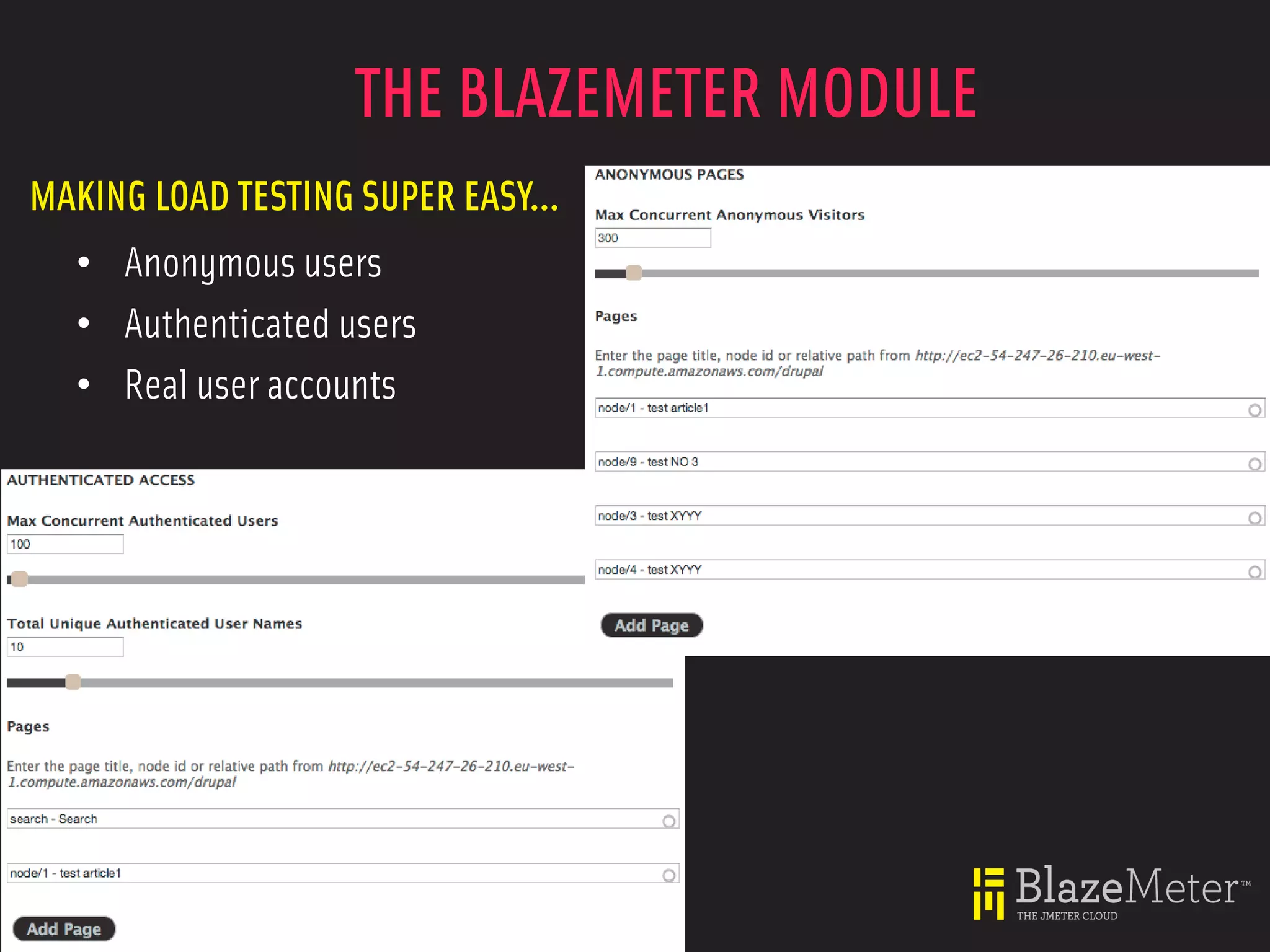 THE BLAZEMETER MODULE
MAKING LOAD TESTING SUPER EASY...
  • Anonymous users
  • Authenticated users
  • Real user accounts
 