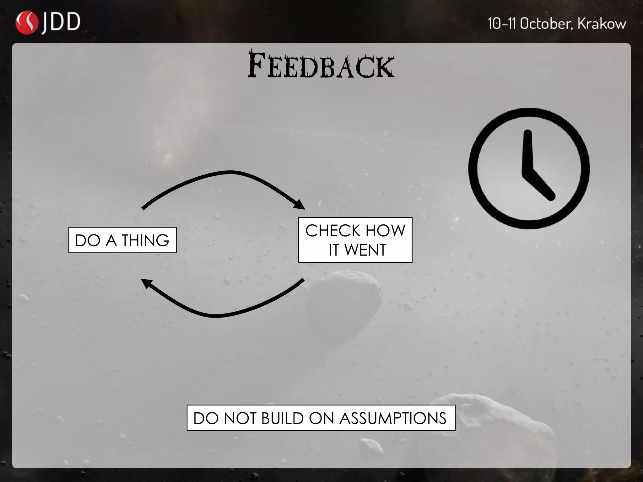 FEEDBACK
DO A THING
CHECK HOW
IT WENT
DO NOT BUILD ON ASSUMPTIONS
 