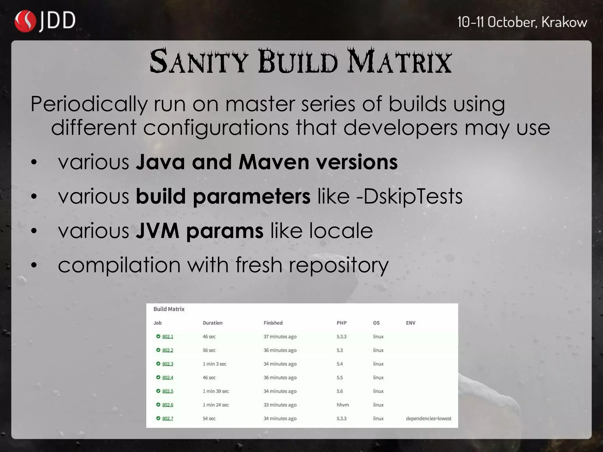 SANITY BUILD MATRIX
Periodically run on master series of builds using
different configurations that developers may use
• various Java and Maven versions
• various build parameters like -DskipTests
• various JVM params like locale
• compilation with fresh repository
 