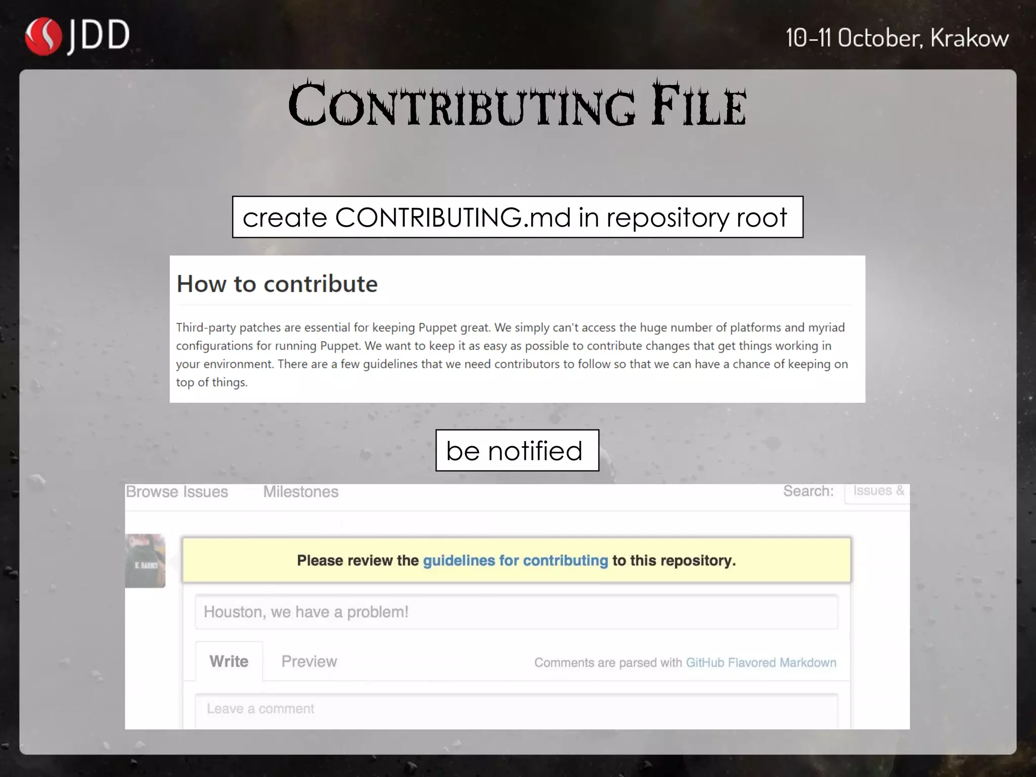 CONTRIBUTING FILE
create CONTRIBUTING.md in repository root
be notified
 