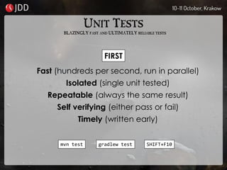 UNIT TESTS
Fast (hundreds per second, run in parallel)
Isolated (single unit tested)
Repeatable (always the same result)
Self verifying (either pass or fail)
Timely (written early)
FIRST
BLAZINGLY FAST AND ULTIMATELY RELIABLE TESTS
mvn test gradlew test SHIFT+F10
 
