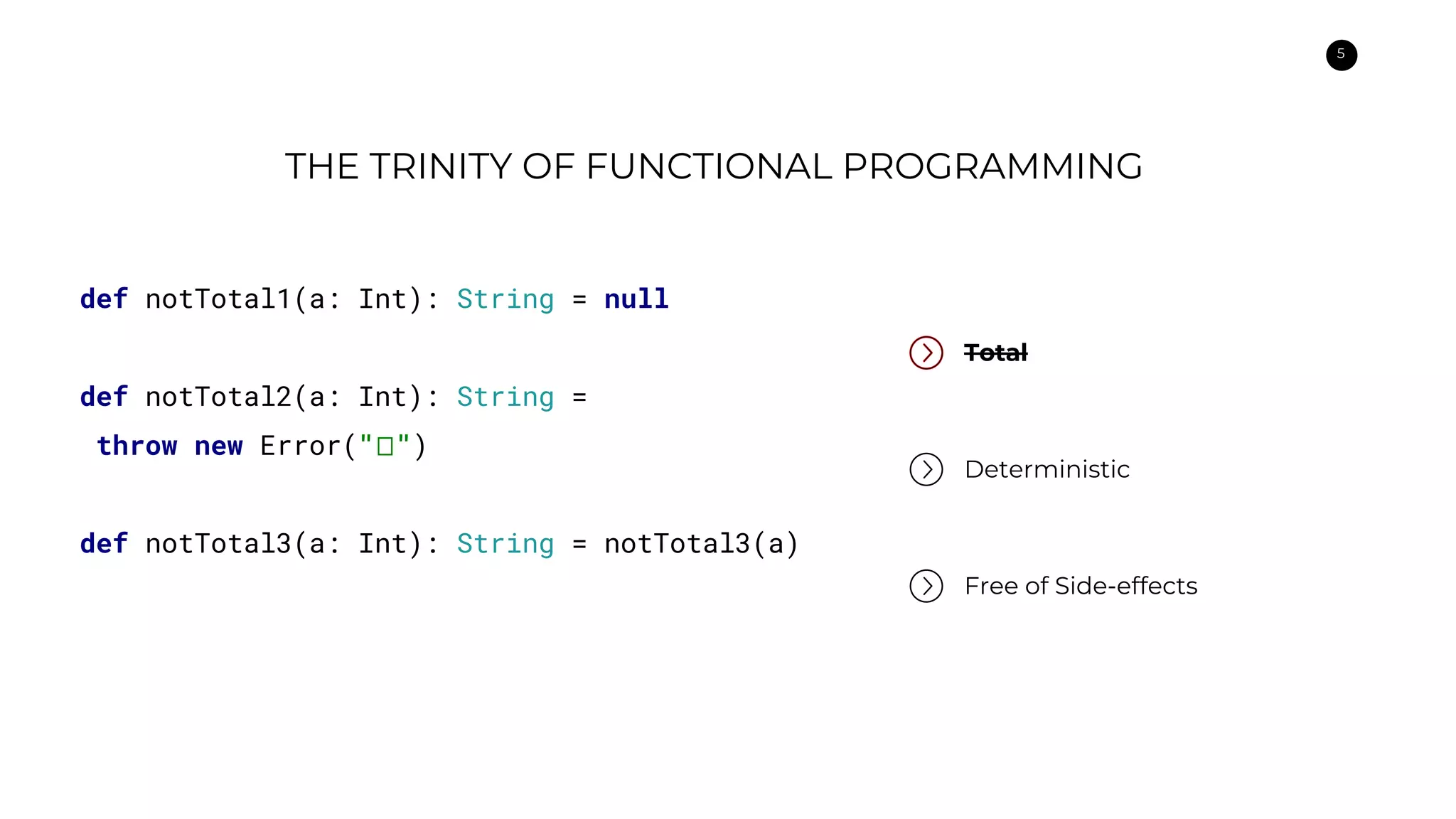 5
THE TRINITY OF FUNCTIONAL PROGRAMMING
Total
Deterministic
Free of Side-effects
def notTotal1(a: Int): String = null
def notTotal2(a: Int): String =
throw new Error(" ")
def notTotal3(a: Int): String = notTotal3(a)
 