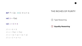 13
Type Reasoning
Equality Reasoning
def f = (x: Int) => x * x
val b = f(a)
val c = b + b
// c = b + b
// c = f(a) + f(a)
// c = (a * a) + (a * a)
// c = 2 * a * a
THE RICHES OF PURITY
 