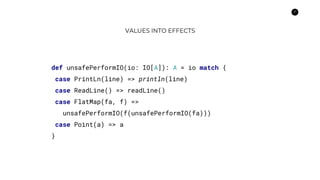 21
VALUES INTO EFFECTS
def unsafePerformIO(io: IO[A]): A = io match {
case PrintLn(line) => println(line)
case ReadLine() => readLine()
case FlatMap(fa, f) =>
unsafePerformIO(f(unsafePerformIO(fa)))
case Point(a) => a
}
 