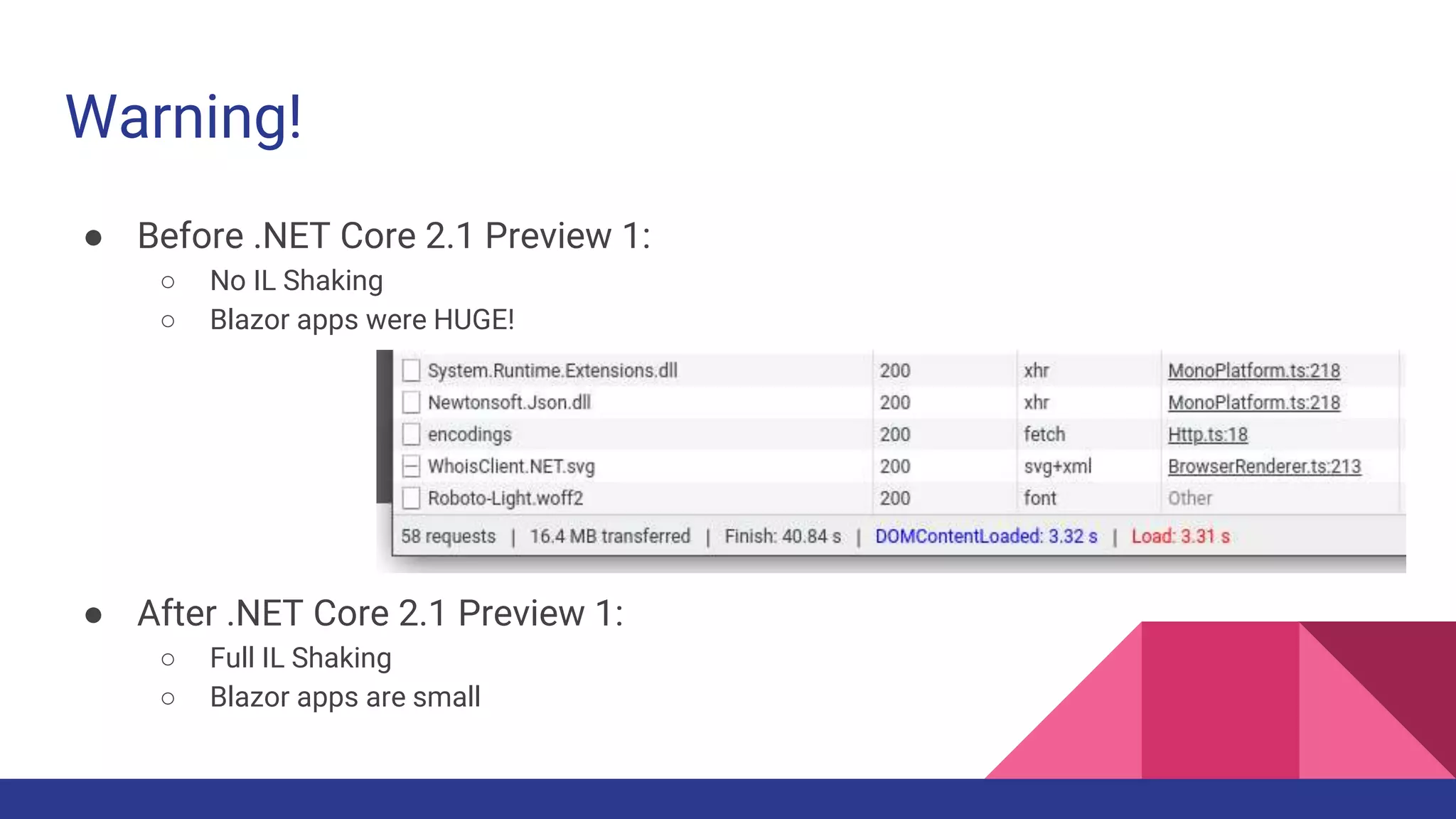 Warning!
● Before .NET Core 2.1 Preview 1:
○ No IL Shaking
○ Blazor apps were HUGE!
● After .NET Core 2.1 Preview 1:
○ Full IL Shaking
○ Blazor apps are small
 