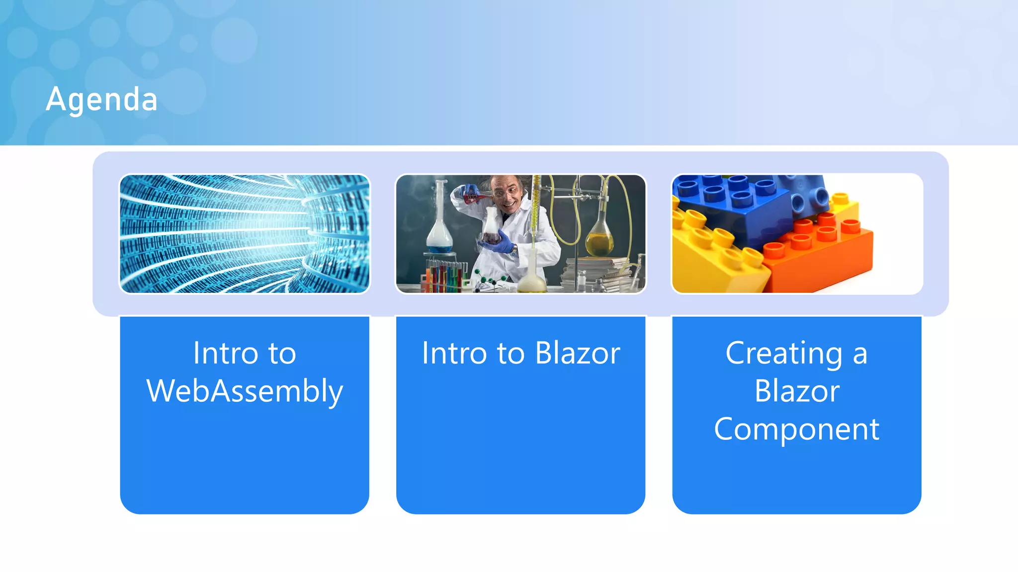 Agenda
Intro to
WebAssembly
Intro to Blazor Creating a
Blazor
Component
 