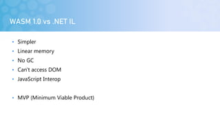WASM 1.0 vs .NET IL
• Simpler
• Linear memory
• No GC
• Can't access DOM
• JavaScript Interop
• MVP (Minimum Viable Product)
 