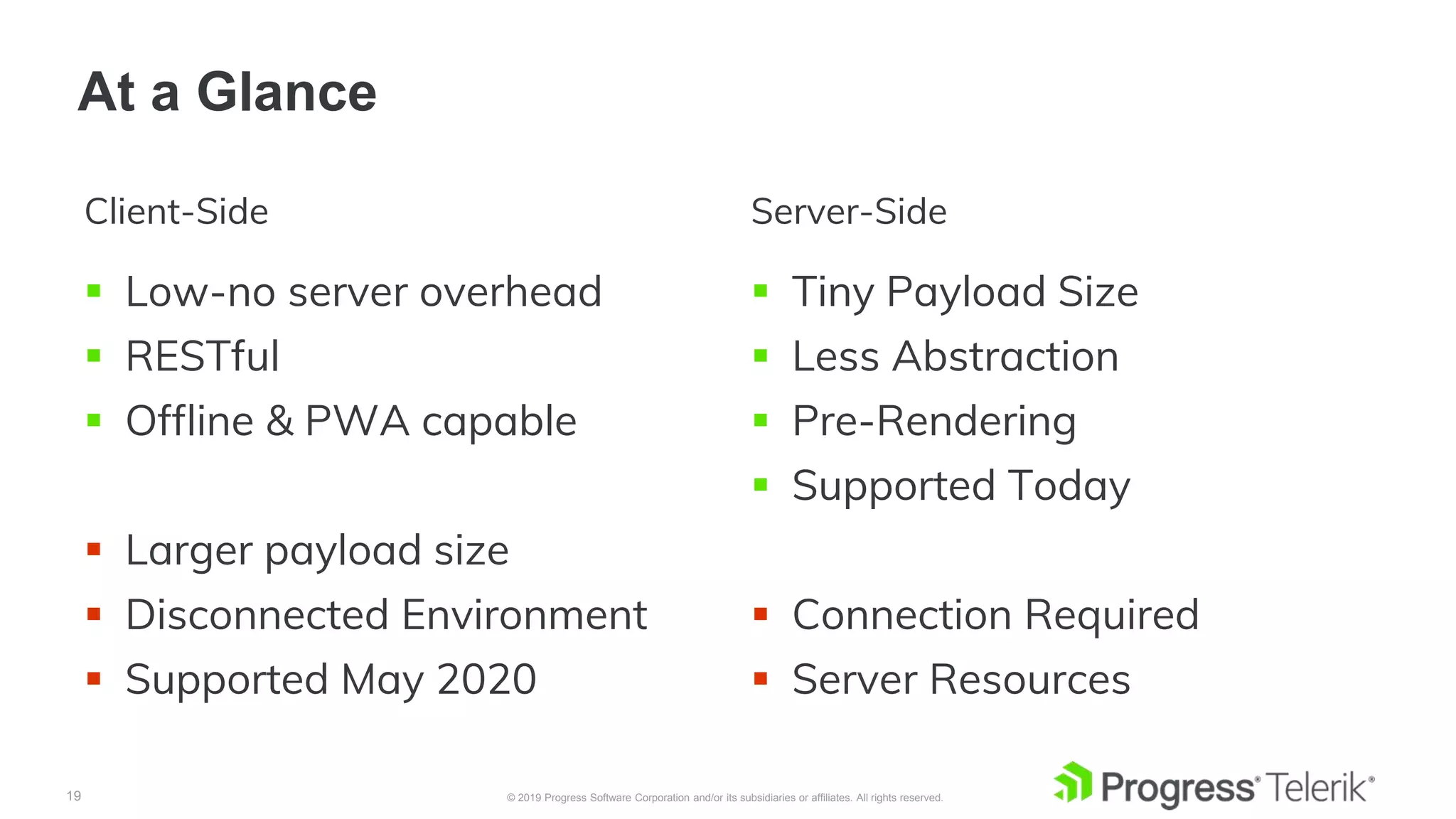 19 © 2019 Progress Software Corporation and/or its subsidiaries or affiliates. All rights reserved.
At a Glance
Client-Side
 Low-no server overhead
 RESTful
 Offline & PWA capable
 Larger payload size
 Disconnected Environment
 Supported May 2020
Server-Side
 Tiny Payload Size
 Less Abstraction
 Pre-Rendering
 Supported Today
 Connection Required
 Server Resources
 