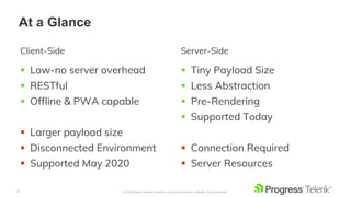 19 © 2019 Progress Software Corporation and/or its subsidiaries or affiliates. All rights reserved.
At a Glance
Client-Side
 Low-no server overhead
 RESTful
 Offline & PWA capable
 Larger payload size
 Disconnected Environment
 Supported May 2020
Server-Side
 Tiny Payload Size
 Less Abstraction
 Pre-Rendering
 Supported Today
 Connection Required
 Server Resources
 