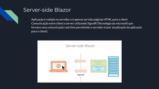 Server-side Blazor
● Aplicação é rodada no servidor e é apenas servido páginas HTML para o client
● Comunicação entre client e server utilizando SignalR (Tecnologia da microsoft que
fornece uma comunicação real time permitindo o servidor trazer atualização da aplicação
para o client)
 