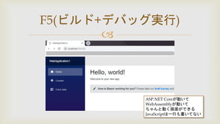 
F5(ビルド+デバッグ実行)
ASP.NET Coreが動いて
WebAssemblyが動いて
ちゃんと動く画面ができる
JavaScriptは一行も書いてない
 