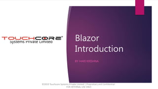 Blazor
Introduction
BY HARI KRISHNA
©2019 Touchcore Systems Private Limited | Proprietary and Confidential -
FOR INTERNAL USE ONLY.
Systems Private Limited
 