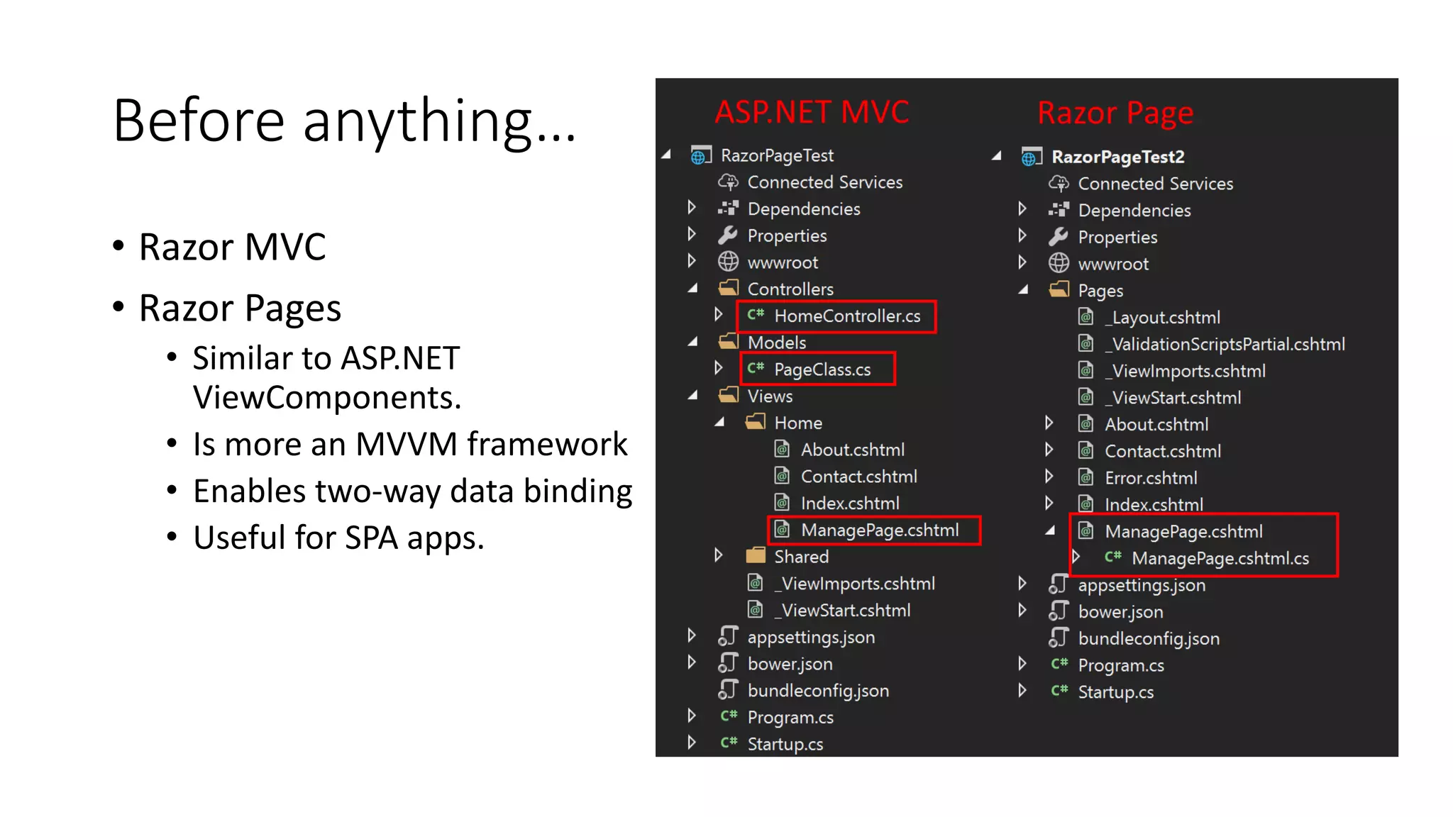 Before anything…
• Razor MVC
• Razor Pages
• Similar to ASP.NET
ViewComponents.
• Is more an MVVM framework
• Enables two-way data binding
• Useful for SPA apps.
 