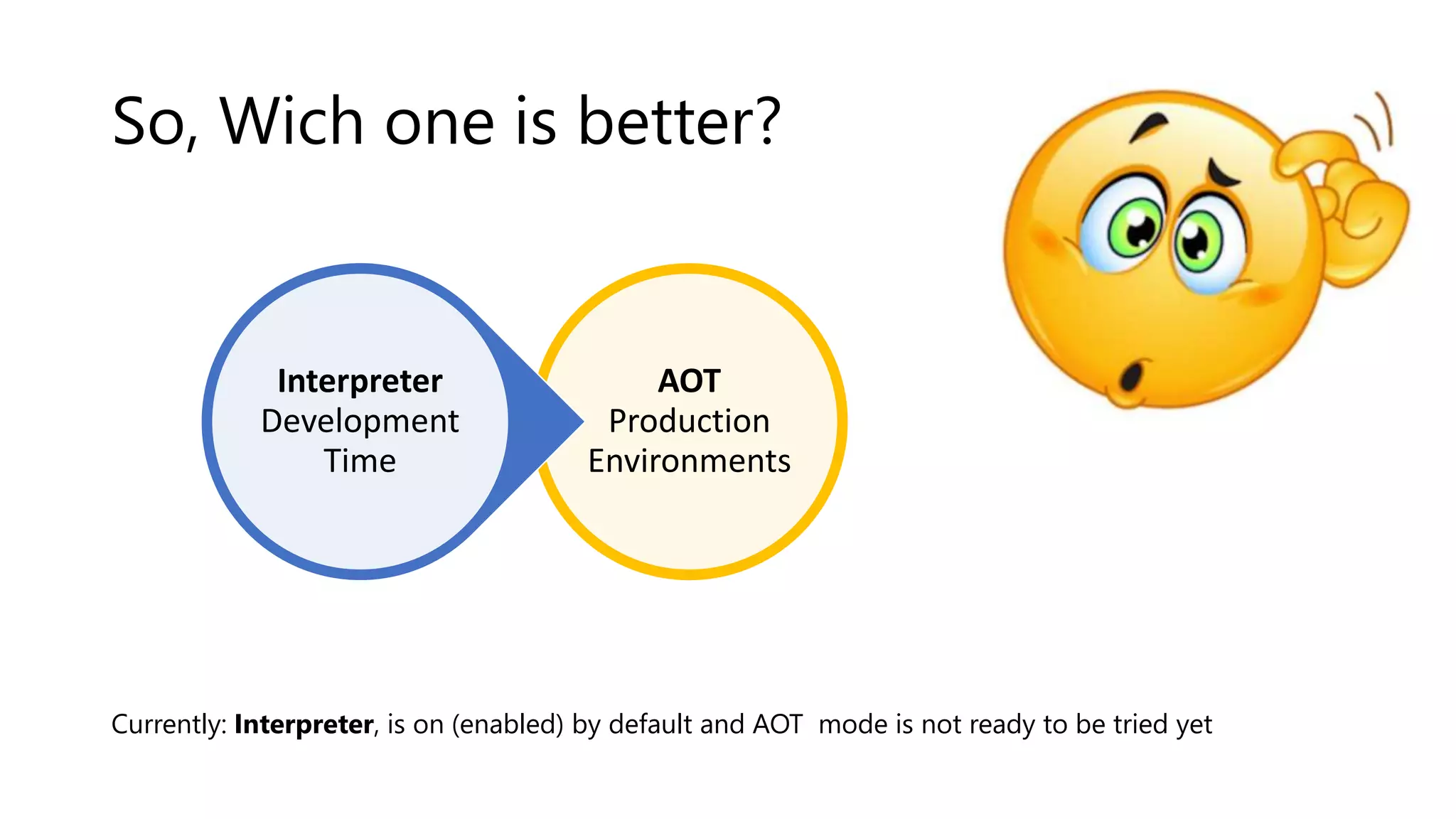 So, Wich one is better?
AOT
Production
Environments
Interpreter
Development
Time
Currently: Interpreter, is on (enabled) by default and AOT mode is not ready to be tried yet
 