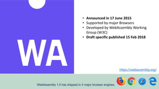 https://webassembly.org/
• Announced in 17 June 2015
• Supported by major Browsers
• Developed by WebAssembly Working
Group (W3C)
• Draft specific published 15 Feb 2018
 