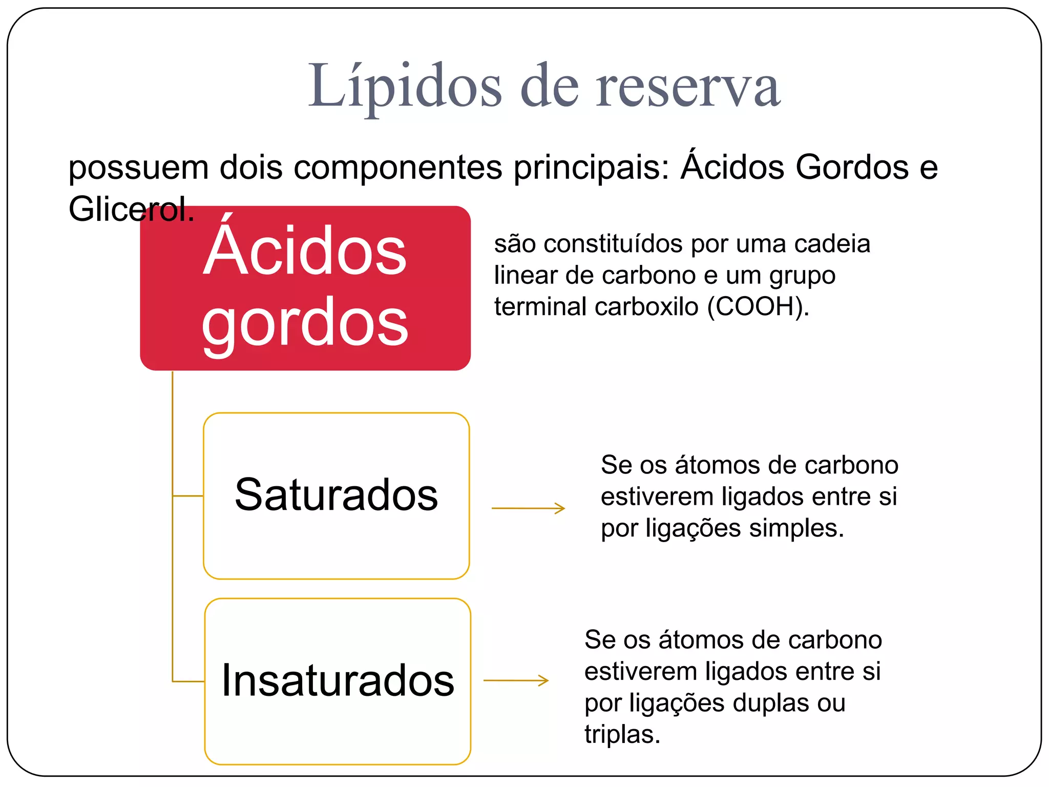 Lípidos de reserva
Ácidos
gordos
Saturados
Insaturados
possuem dois componentes principais: Ácidos Gordos e
Glicerol.
são constituídos por uma cadeia
linear de carbono e um grupo
terminal carboxilo (COOH).
Se os átomos de carbono
estiverem ligados entre si
por ligações duplas ou
triplas.
Se os átomos de carbono
estiverem ligados entre si
por ligações simples.